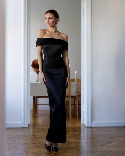 Jimiss - Off Shoulder Collar Satin Sleeveless Back and Floor length Prom Dress