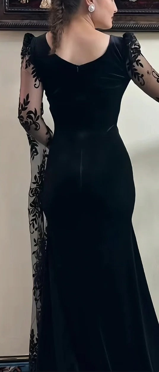 Black Velvet Slim Mermaid Dress - Tulle Floral Embroidery Vintage Party Gown gh6973