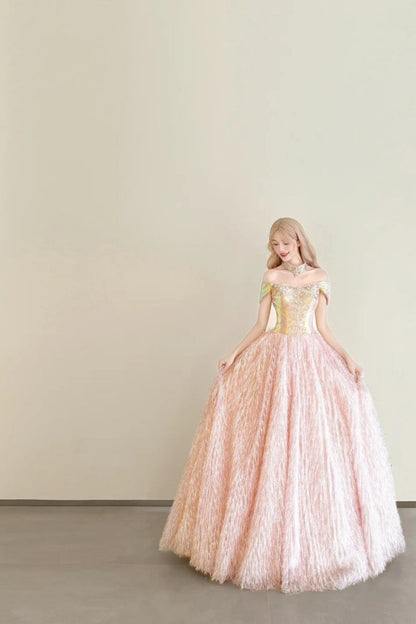 girlhomeshops-Vintage Pink-Gold Contrast Off-Shoulder Court Style Evening Gown gh6027
