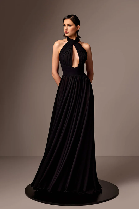 Hanging neck chiffon and floor length gown evening dresses