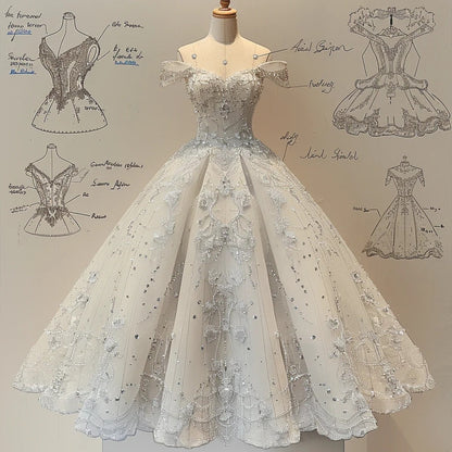 White gorgeous beaded applique exquisite long tulle ball gown evening gown wedding dress gh4724