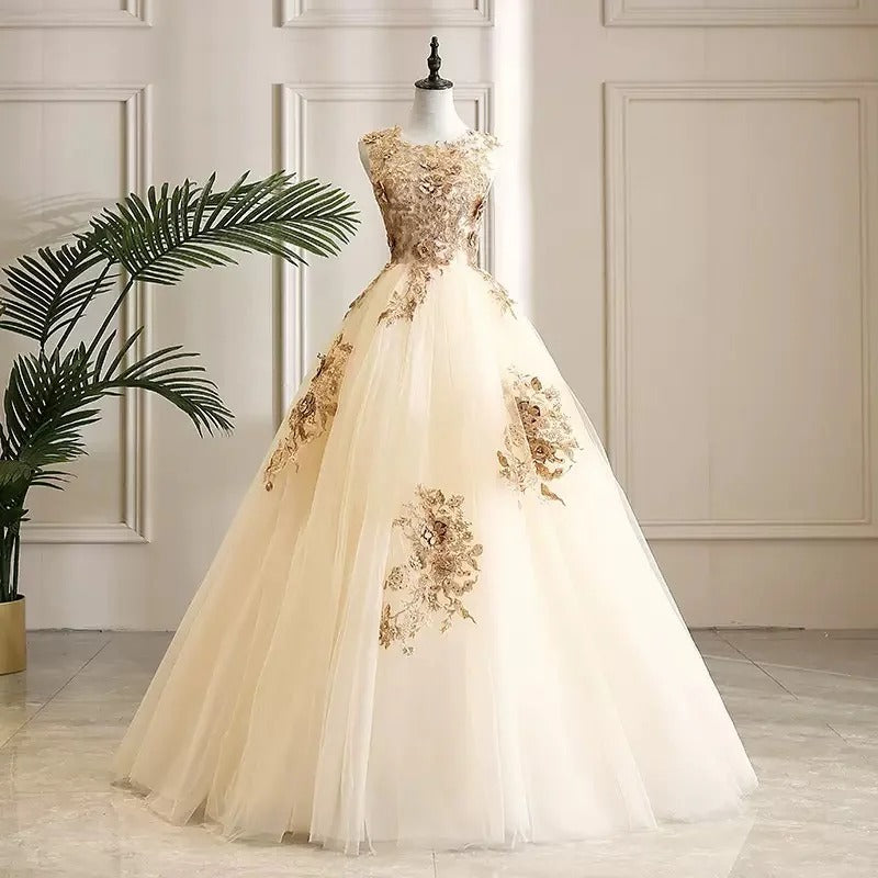 Girlhomeshops-Champagne shimmering gold gorgeous floral bead decoration and formal ball dress with lace up, stunning wedding dress gh5311