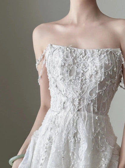 girlhomeshops- Vintage White Beaded Embroidery Strapless Long Train Court Style Wedding Gown gh6096
