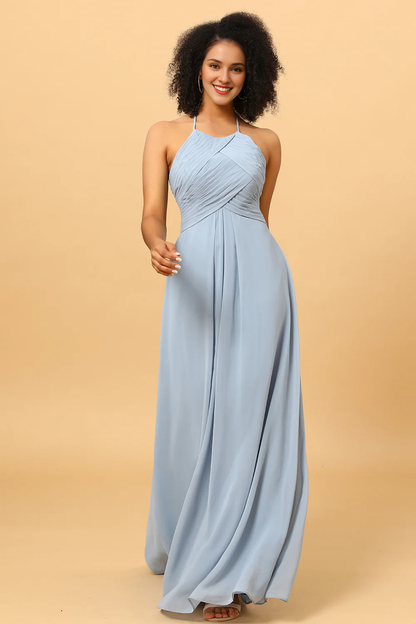 Grey blue tight backless backless long chiffon bridesmaid dress