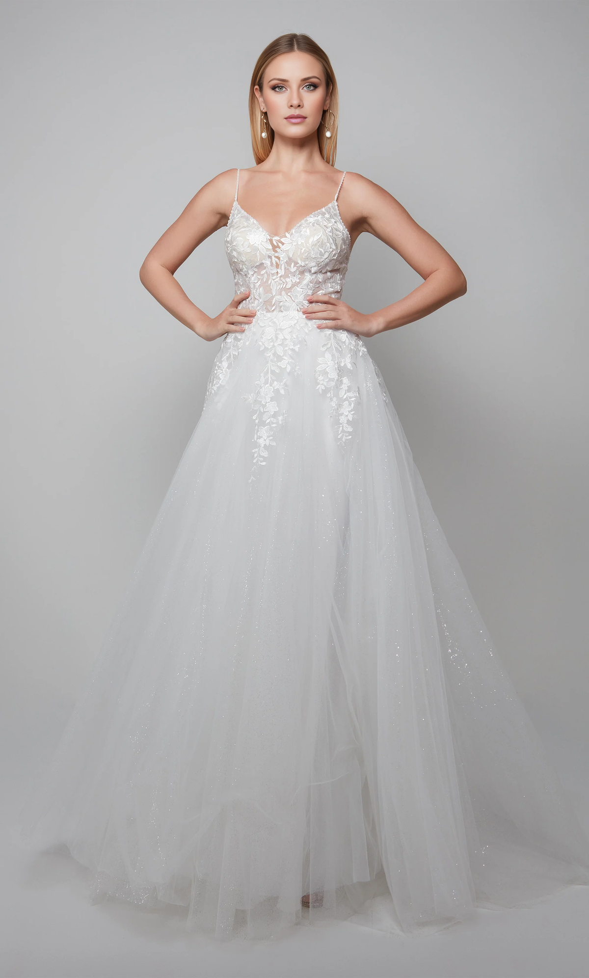 Rooster neckline lace floral decal transparent body shiny chiffon and floor length wedding dresses