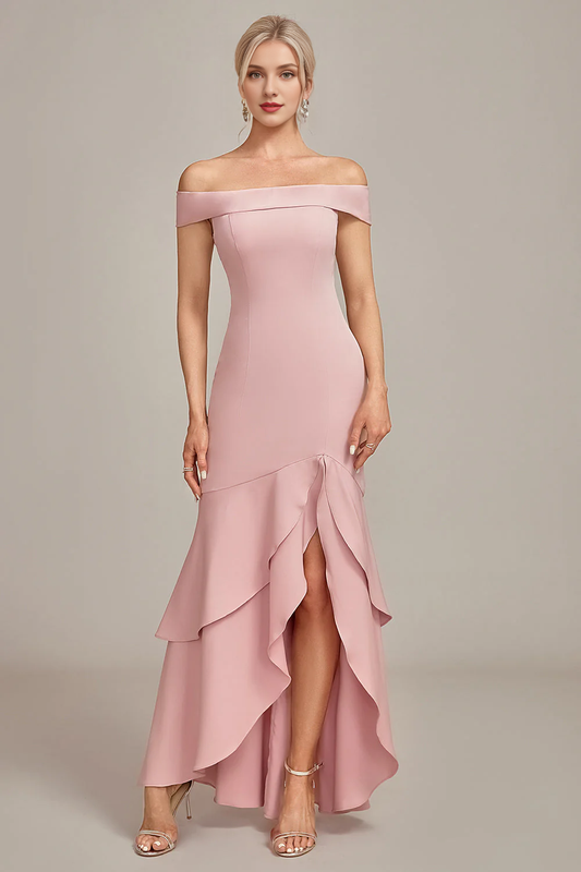 Pink mermaid off shoulder asymmetrical ruffle hem bridal mother dress