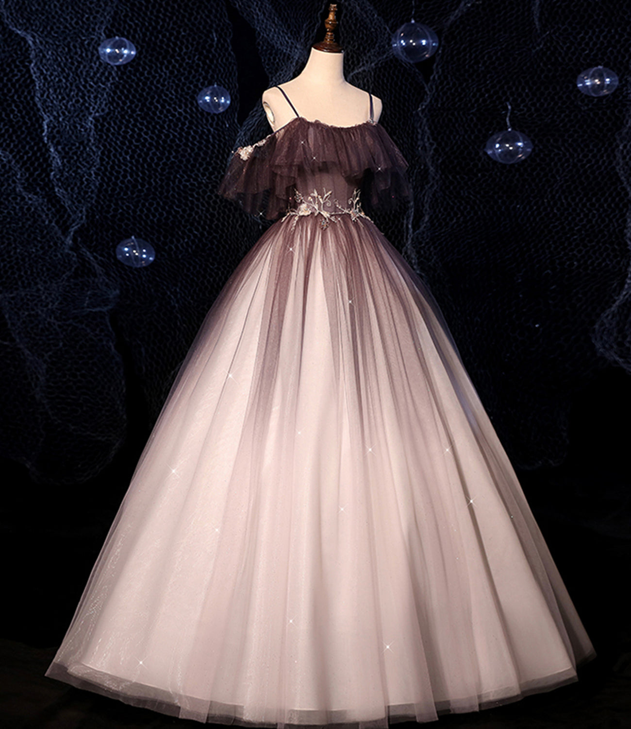 Brown Delicate Floral Applique Fashion A-Line Long Tulle Ball Gown Evening Dress 8721