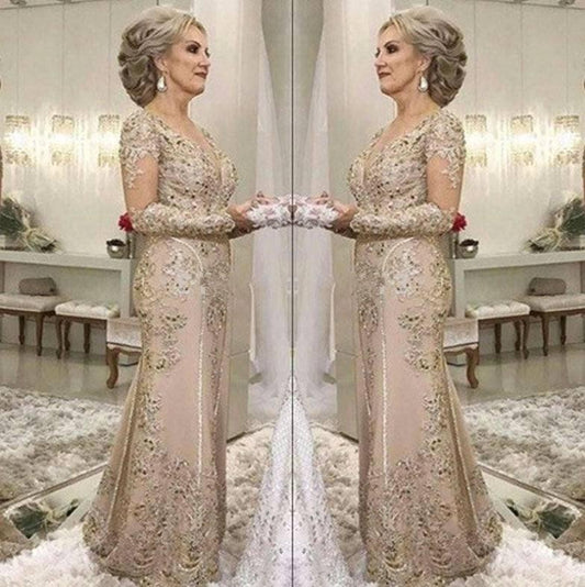 Plus Size Mother Of The Bride Dresses Mermaid V-neck Long Sleeves Tulle Appliques - RongMoon