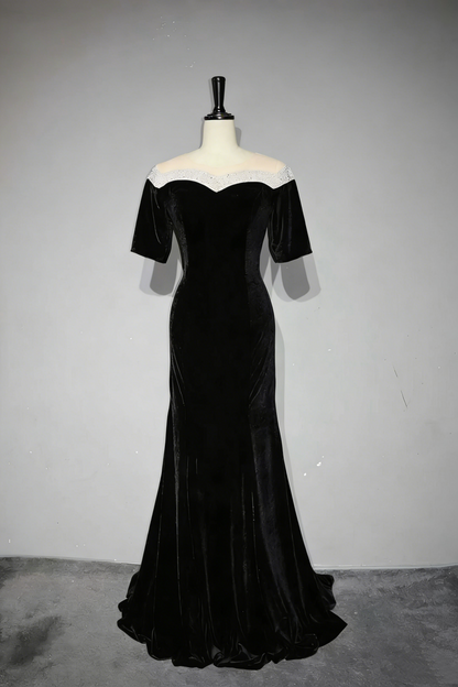 Elegant Black Velvet Mother of the Bride Dress Beaded Illusion Neck Half Sleeve Mermaid Evening Gown gh7103