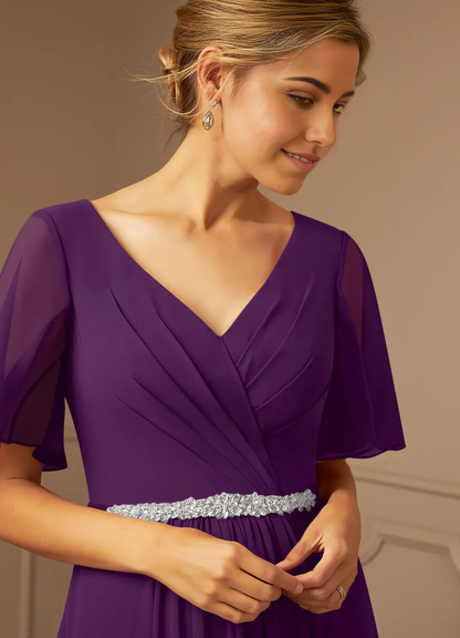 A-Line V-Neck Pleated Chiffon Grape formal dresses evening dress Mother of the Bride Dresses