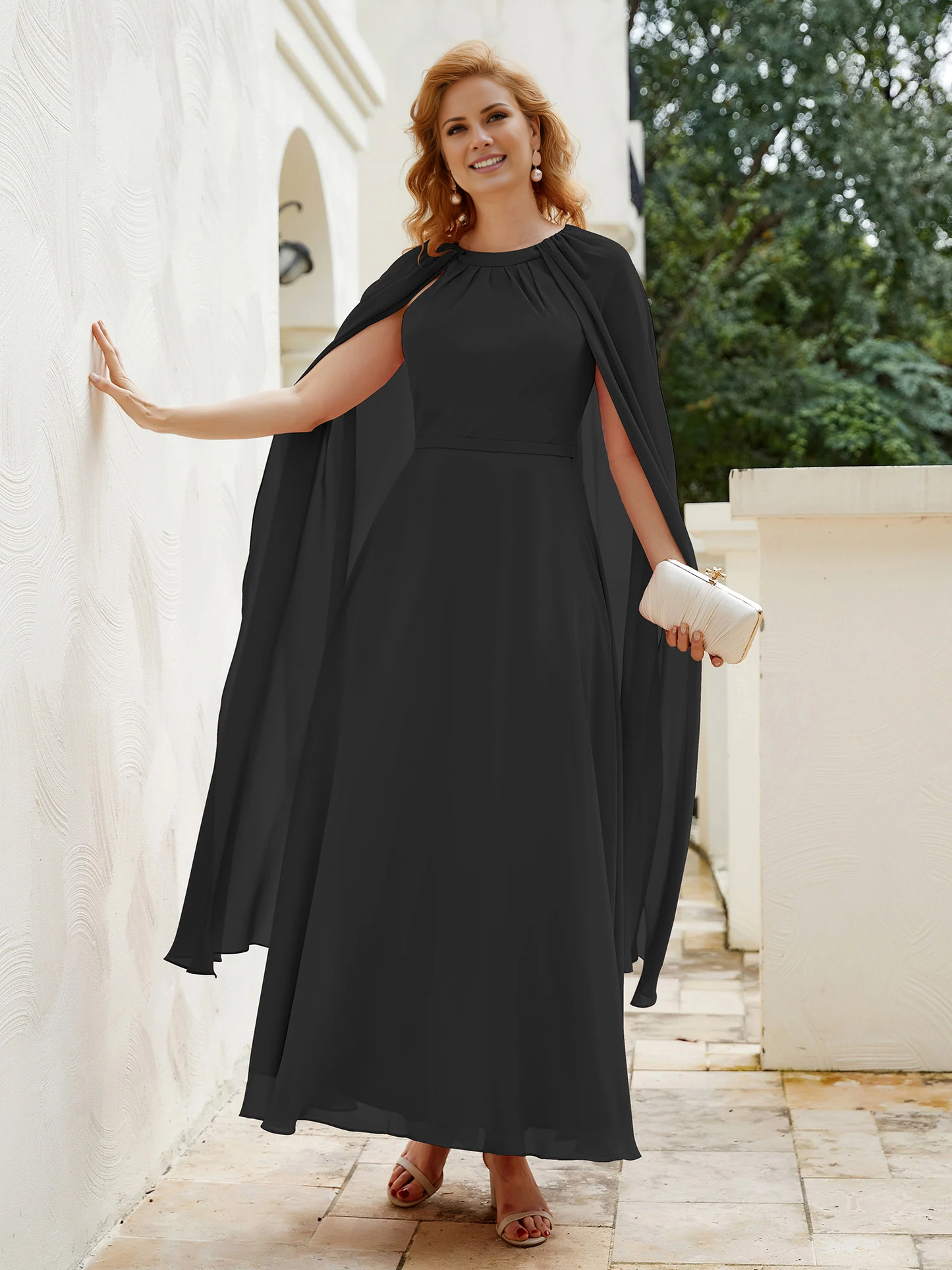 Long cape A-line gemstone collar chiffon mother of the bride dress