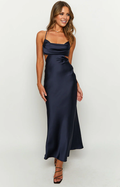 Jimiss collar neckline thin shoulder strap backless satin long Prom dress