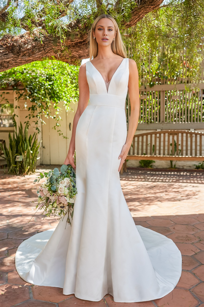 Satin deep V-neck slim fit horn and floor length wedding dress