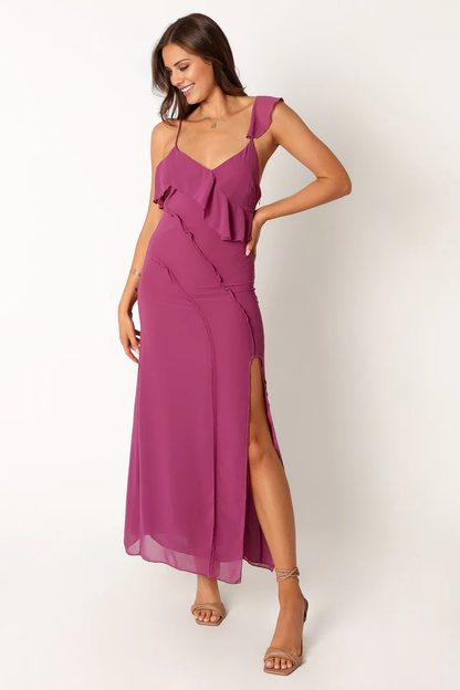 Jimiss V-neck front split lotus leaf side length style Prom dress