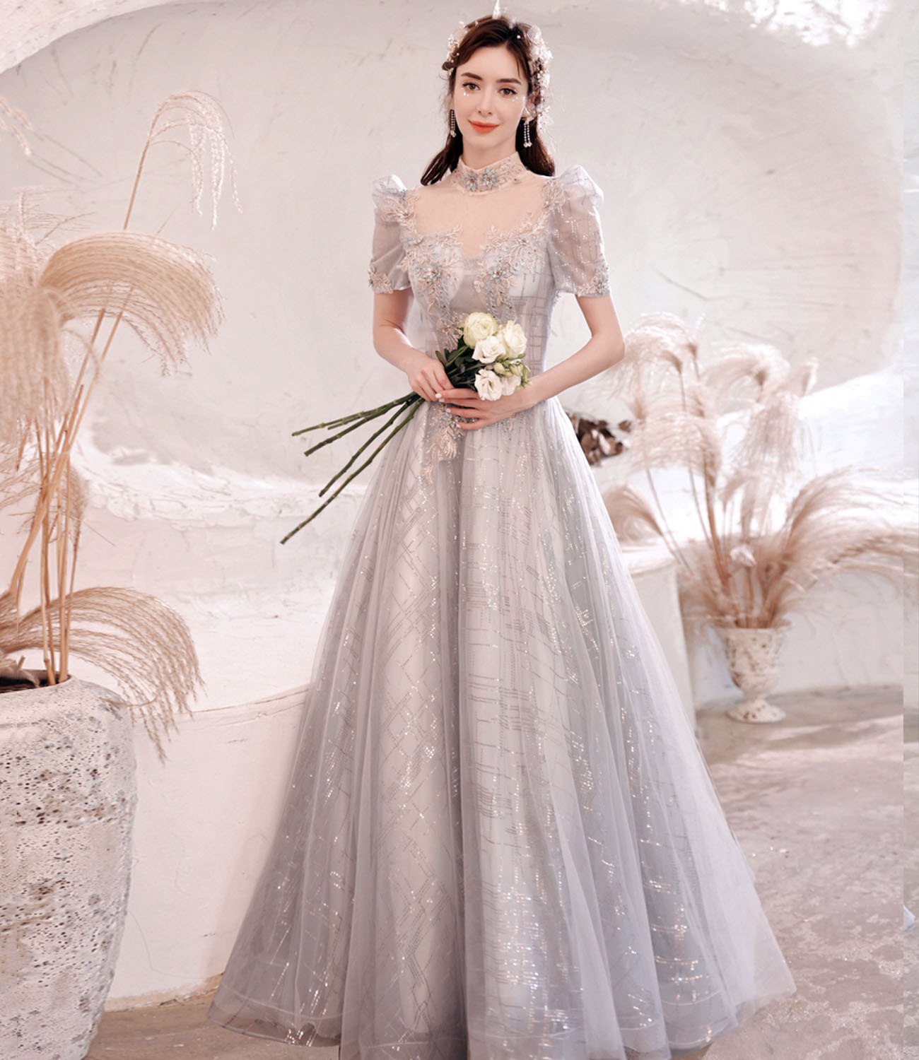 Gray tulle sequins long ball gown dress formal dress  10322