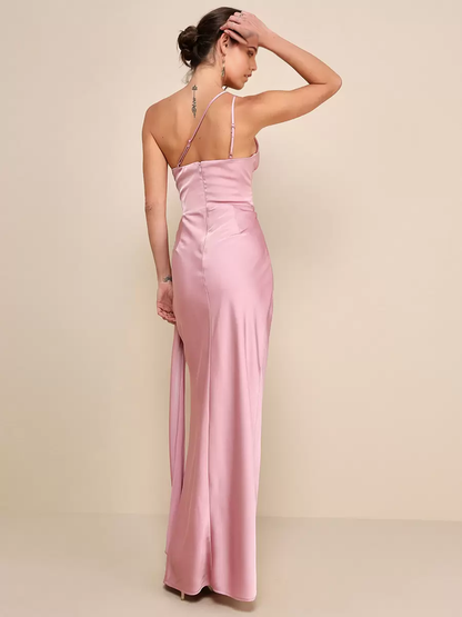 Mermaid One Shoulder Ruching formal dresses evening gown Prom Dress Bridesmaid Dresses With High Slit