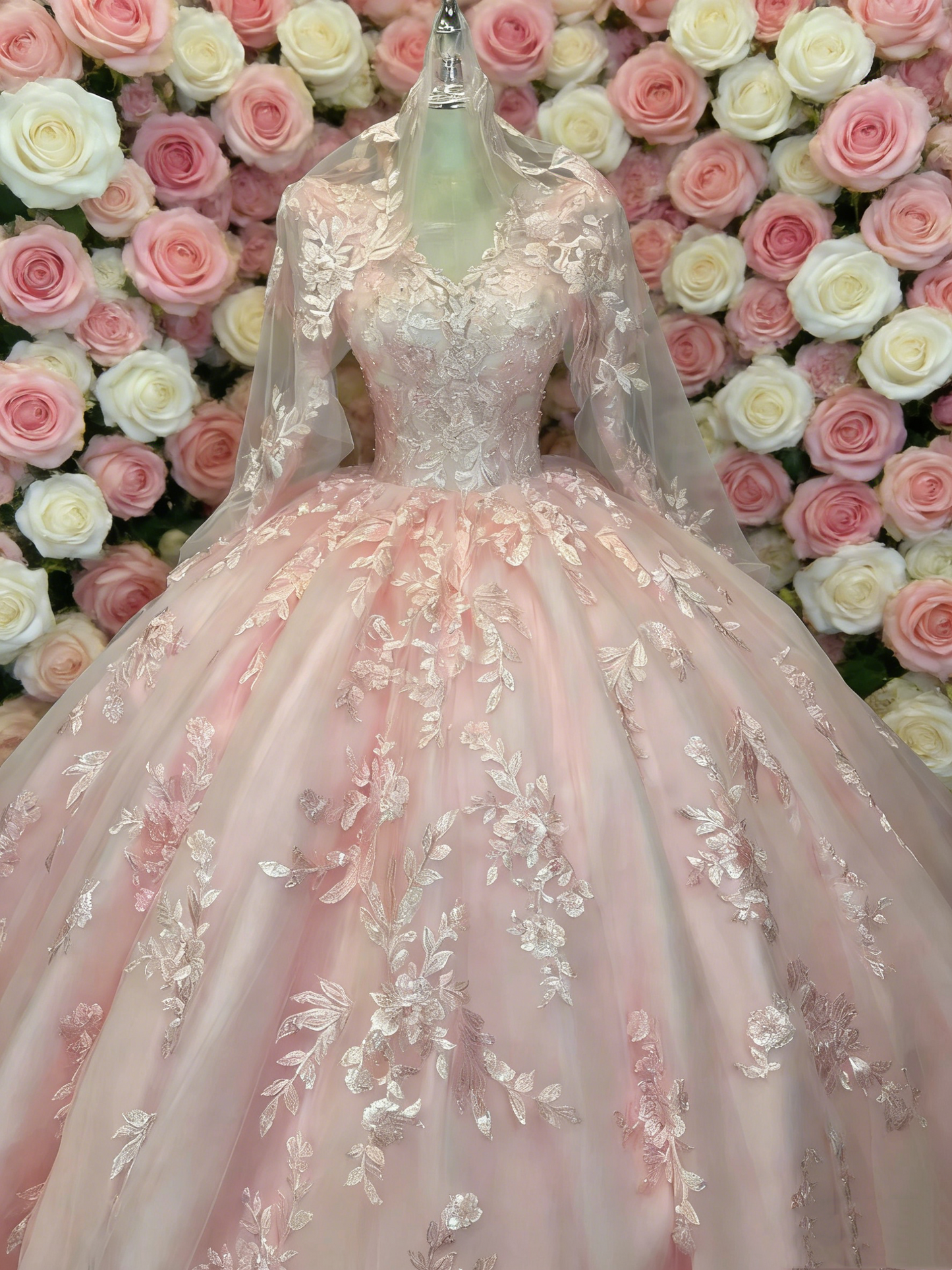 Blush Pink Royal Style Ball Gown - V-Neck Lace Embroidery Coming-of-Age Dress gh6967