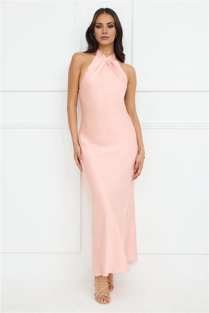 Jimiss halter neckline satin bow tie tie maxi prom dress