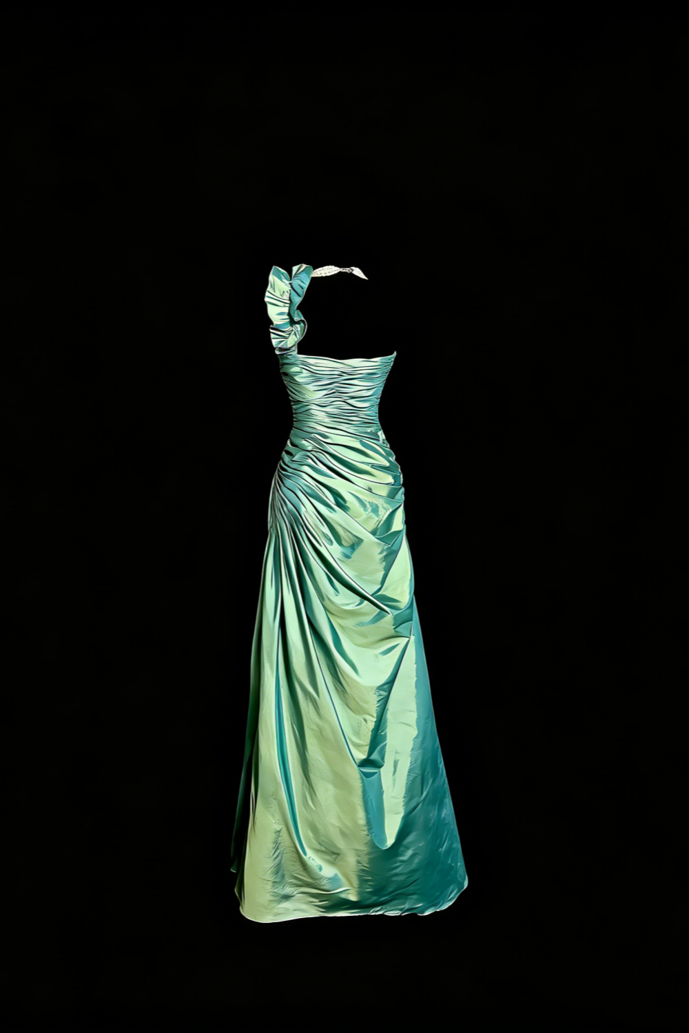 Mint Green One-Shoulder Ruffled Ruched Satin Gown gh7096