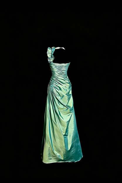 Mint Green One-Shoulder Ruffled Ruched Satin Gown gh7096