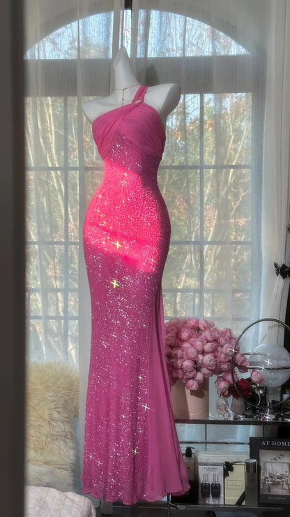 Pink Romantic Fairy Exquisite Bead Decoration Long Chiffon Date Dress Party Dress gh6911