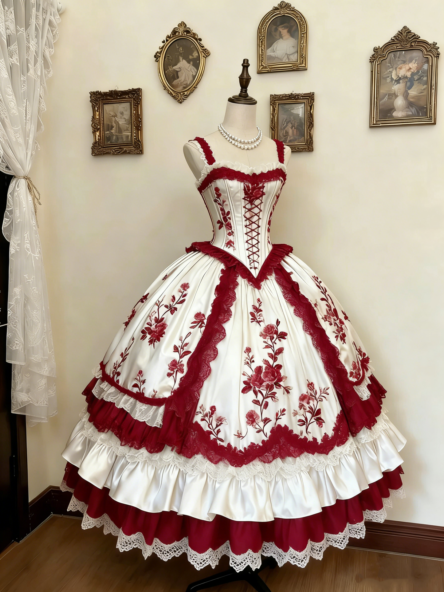 Green and White Rose Rococo Palace Dress gh6781