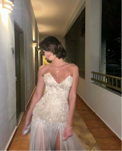 Champagne Color Sparkling Sweetheart Neck Elegant Long Slit Sequin Chiffon Ball Gown Evening Dress gh4185