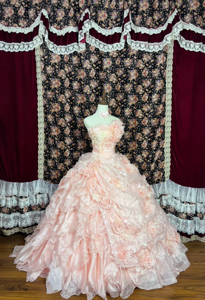 Gorgeous Pink 3D Flowers Sweet 16 Quinceanera Strapless A-Line Floor-length Prom Dress Evening Dress Ball Gown HZ1024