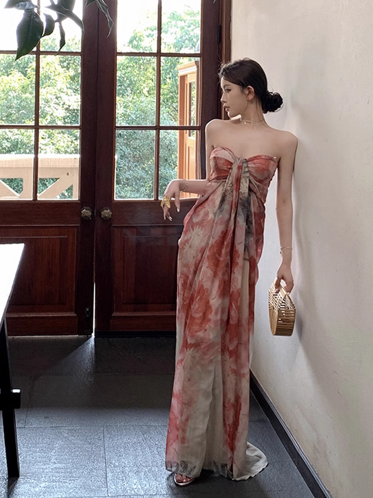 New Simple Fashion Floral Design A-Line Beach Holiday Strapless Dress HZ1024