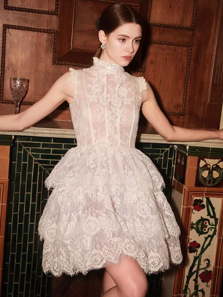 Vintage Beige Applique Design A-line Lace Short Tiered Party Dress Homecoming Dresses HZ1024