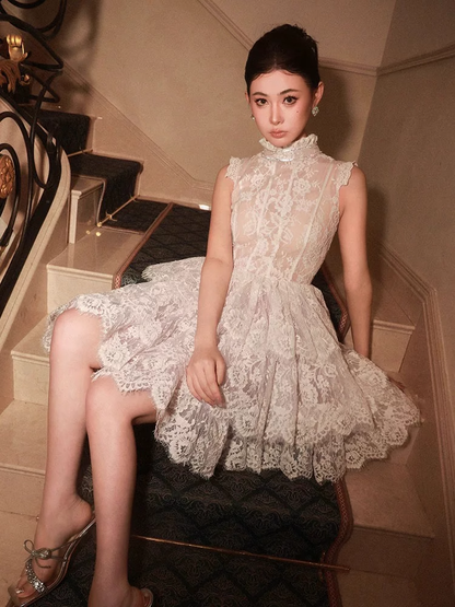 Vintage Beige Applique Design A-line Lace Short Tiered Party Dress Homecoming Dresses HZ1024