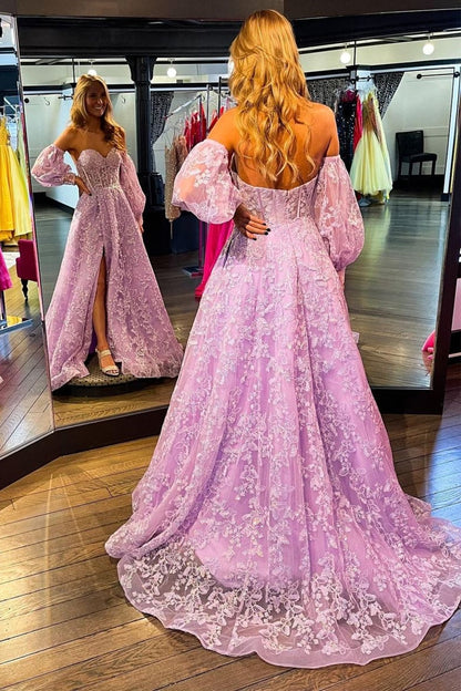 Sparkle Princess Lavender Bustier Puff Sleeve Lace Long Prom Gown