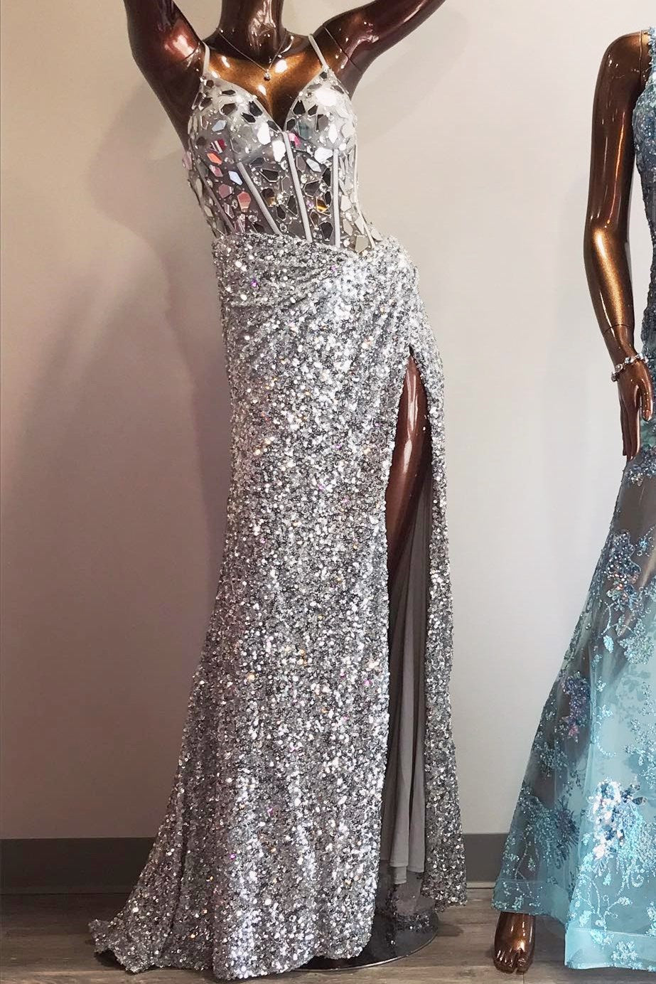 Emerald Green Sequin Cut Glass Mirror Long Prom Dress with Slit