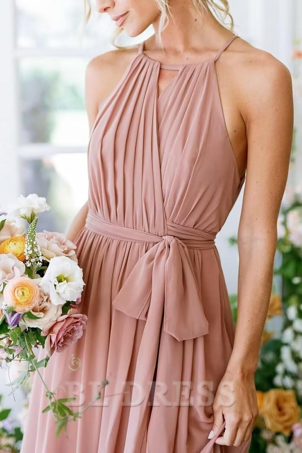 A Line Halter Chiffon Wrap Slit Pleated formal dresses Bridesmaid Dresses evening gown Prom Dress