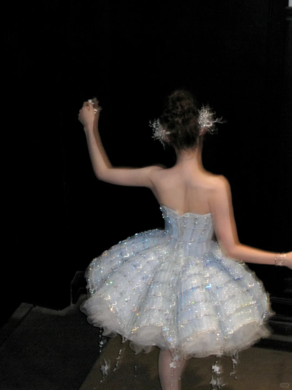 Gorgeous Shiny Light Blue Sequined A-Line Strapless Design Tiered Party Dress Homecoming Dress HZ1024