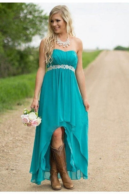 High Low Strapless Turquoise Chiffon Bridesmaid Dress with Belt