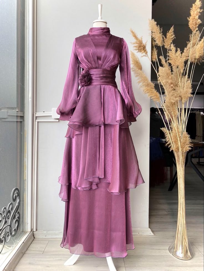 Blue High Neck Long Sleeves A-Line Chiffon Modest Long Formal Party Dress, HZ0319