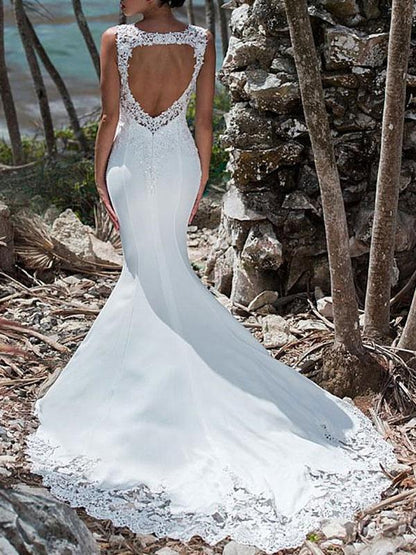 Wedding Dress Mermaid Lace Jewel Neck Sleeveless Back Hollow Out Bridal Gowns With Train