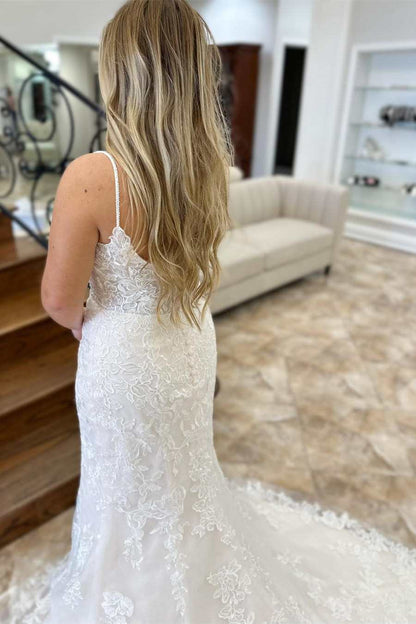 White Floral Lace Plunge V Backless Mermaid Long Wedding Dress