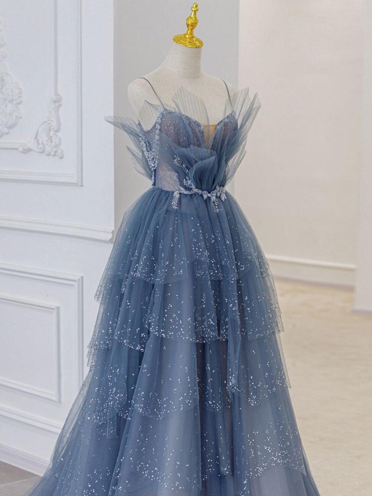 Gray blue tulle sequin beads long prom dress, blue evening dress HZ1024