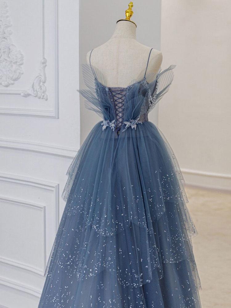 Gray blue tulle sequin beads long prom dress, blue evening dress HZ1024