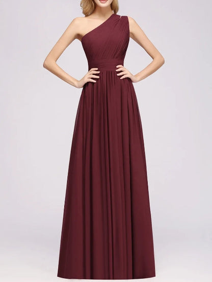 A-Line Burgundy One Shoulder Sleeveless Ruffles Floor-Length Bridesmaid Dresses