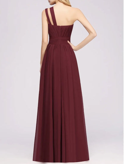 A-Line Burgundy One Shoulder Sleeveless Ruffles Floor-Length Bridesmaid Dresses