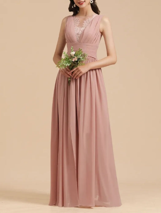 Long A-line Lace Sleevele Chiffon Bridesmaid Dresses