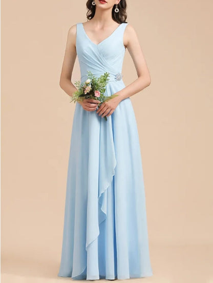 Long A-line V-Neck Ruffle Chiffon Bridesmaid Dress