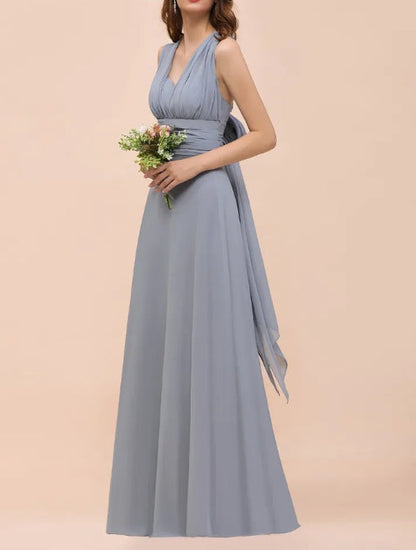 Long A-line V-neck Chiffon Backless Convertible Bridesmaid Dresses