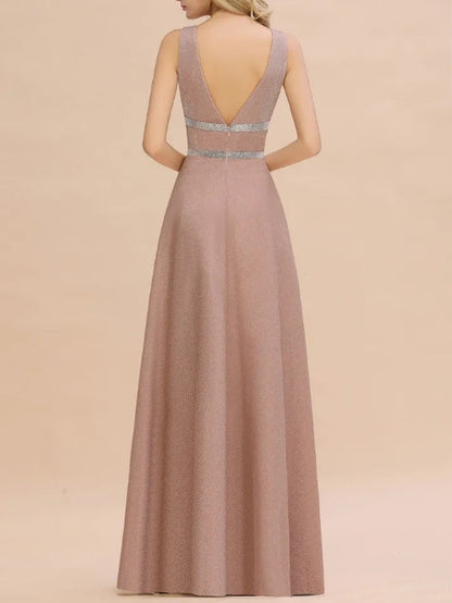 Long A-line V-neck Sleeveless Backless Bridesmaid Dresses