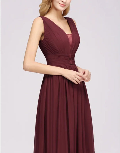 Long A-line V-Neck Floor-length Chiffon Bridesmaid Dress