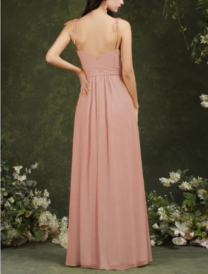 Chiffon Spaghetti Straps A-line Backless Bridesmaid Dress With Split Pockets