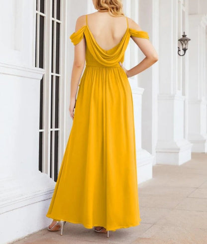 Off The Shoulder Chiffon Bridesmaid Dress Long Formal Graduation Gown with Cowl Back